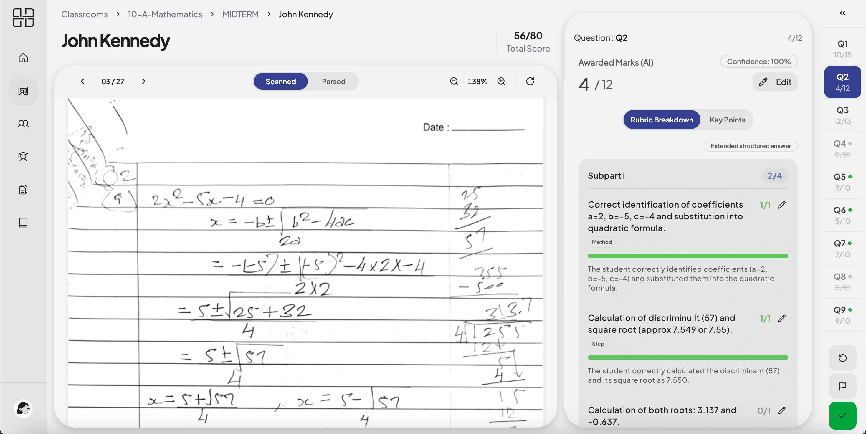 Evaluation view with a scanned answer beside a rubric breakdown