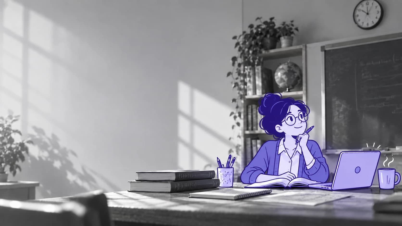 Black and white photo of a sunlit classroom, with a violet illustrated teacher at a desk with books and a laptop, pen in hand