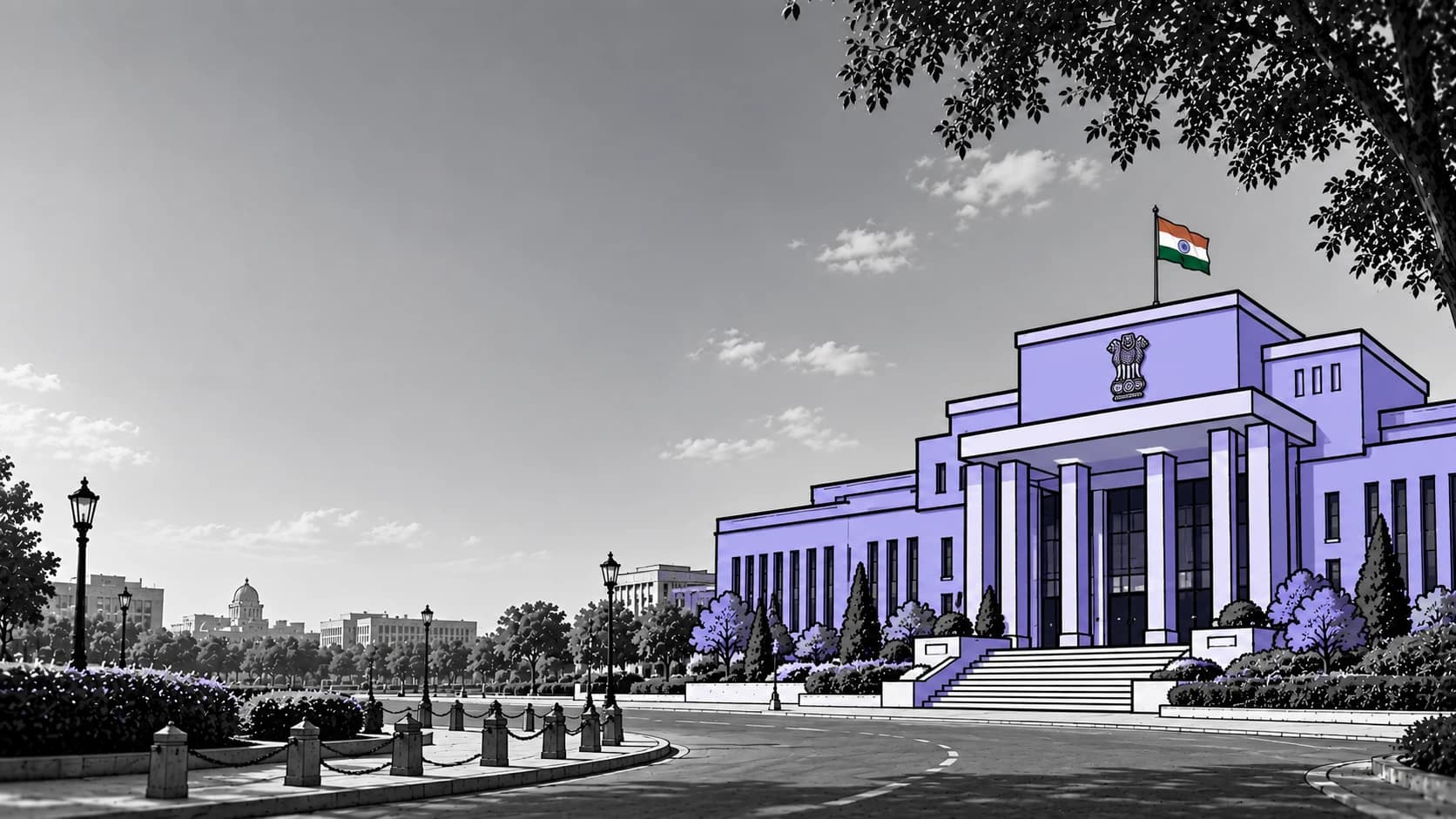 Black and white photo of a tree-lined avenue leading to a government building, with a violet illustrated ministry building, flag and steps on the right