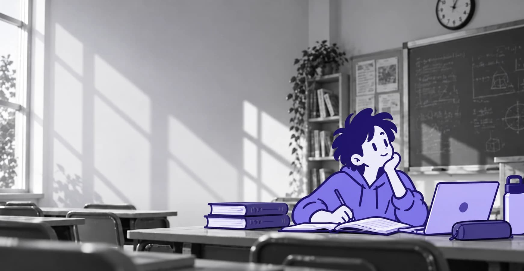 Black and white photo of an empty classroom, with a violet illustrated student at a desk with books and a laptop