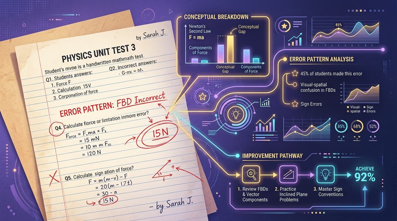 A handwritten student exam paper expanding into conceptual breakdown and error analysis